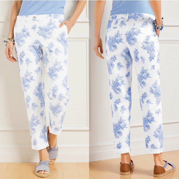TALBOTS Relaxed Chino Ankle Pant in Ditsy Palm Print Blue White Size 4 - Picture 1 of 8